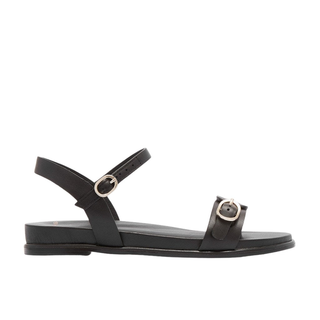 Black sandal with two straps and buckles on a white background