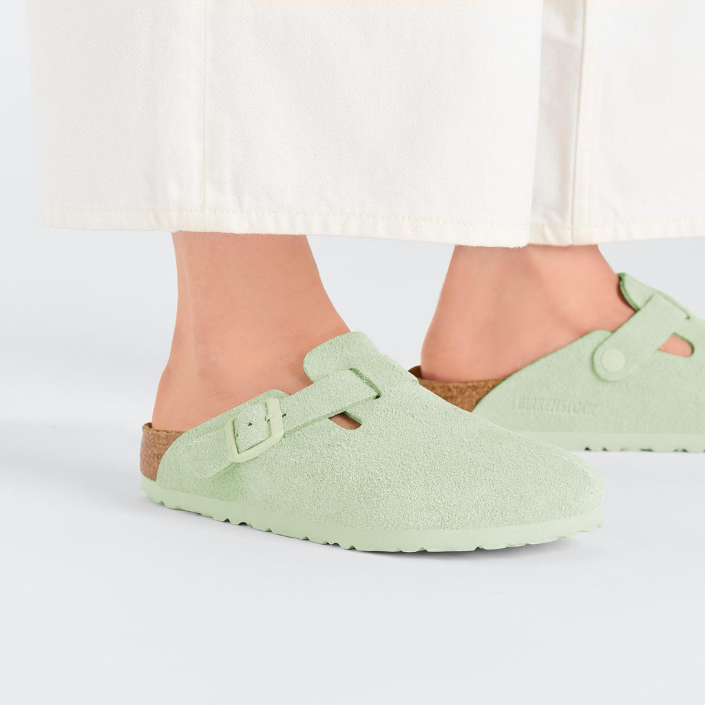 Birkenstock Boston Leather Suede Soft Footbed - Faded Lime - 1026810