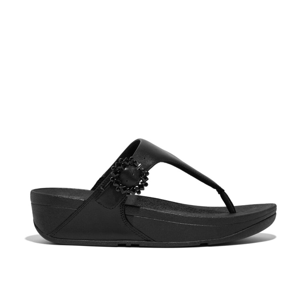 Lulu Leather Crystal Buckle Toe Post - Black